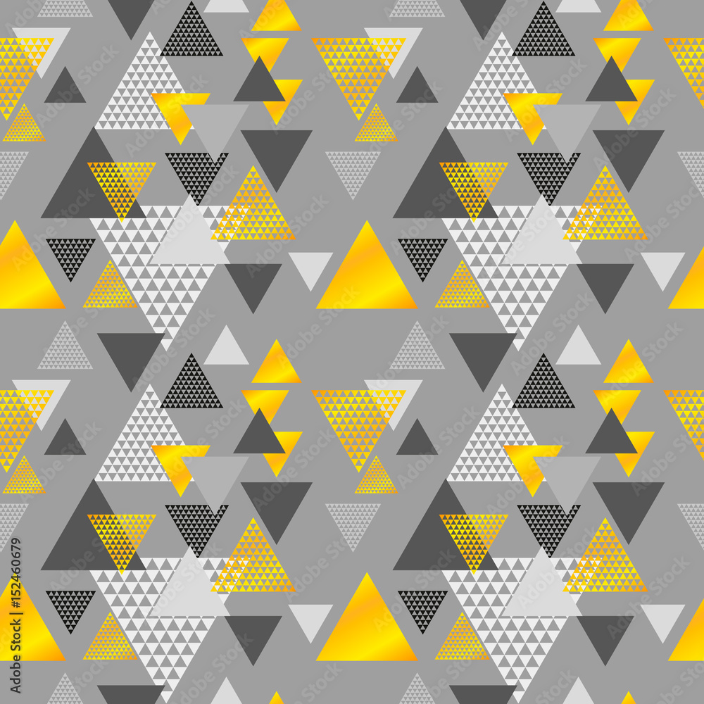 Poster gold and gray color creative repeatable motif with triangles for wrapping paper or fabric. modern se