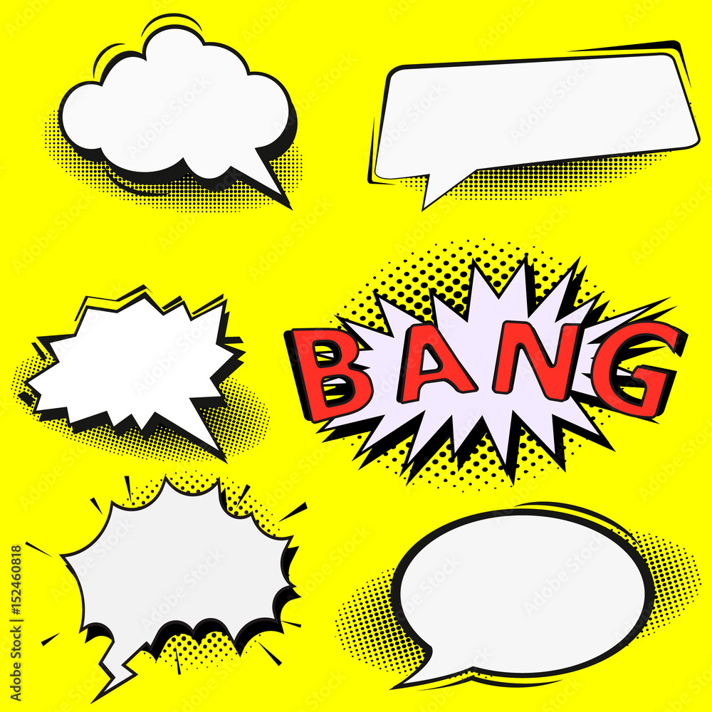 Poster Big Set of Cartoon,Comic Speech Bubbles, Empty Dialog Clouds with Halftone Dot Background in Pop Art Style. Vector Illustration for Comics Book , Social Media Banners, Promotional Material