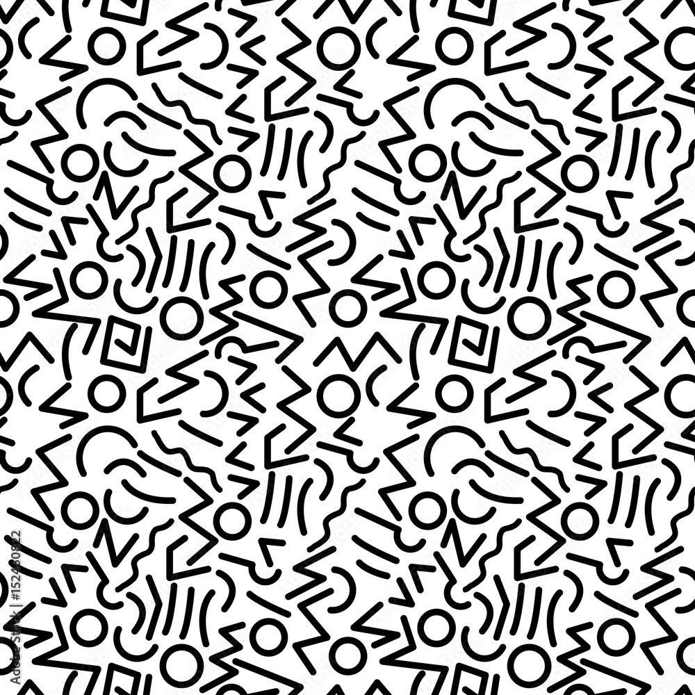 Poster scattered geometric line shapes. abstract background design. vector seamless black and white pattern