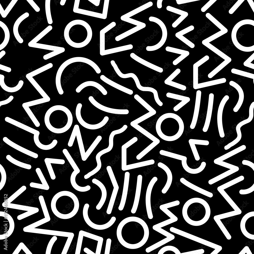 Poster scattered geometric line shapes. abstract background design. vector seamless black and white pattern
