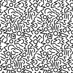 Scattered Geometric Line Shapes. Abstract Background Design. Vector Seamless Black and White Pattern.