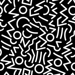Scattered Geometric Line Shapes. Abstract Background Design. Vector Seamless Black and White Pattern.