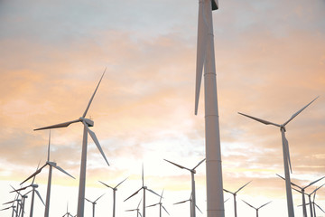 Fototapeta premium 3d illustration, turbine on the grass with sunset sky background. Concept alternative electricity source. Eco energy, clean Energy