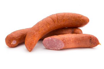 Smoked sausage on a white background.