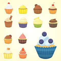 Set of cute vector cupcakes and muffins. Colorful cupcake isolated for food poster design.