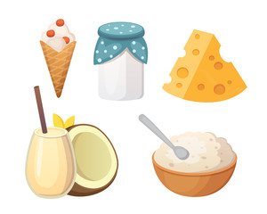Fresh organic milk products set with cheese, butter, sour cream .