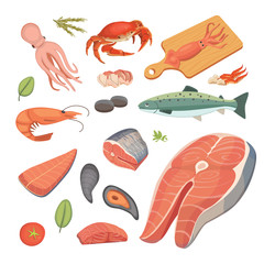 Vector Seafood illustrations set flat fresh fish and crab. Lobster and oyster, shrimp and menu, octopus animal, shellfish lemon.