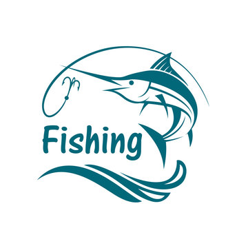 swordfish fishing emblem with waves and hook