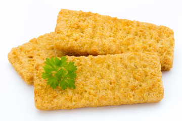 Fish fingers on the white background.