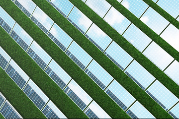 3D illustration reflection of the clouds on the photovoltaic cells. Blue solar panels on grass. Concept alternative electricity source. Eco energy, clean Energy