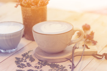 blue latte art coffee and tea, vintage filter image