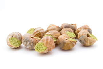 Cooked snails delicacy. French cuisine stuffed snails.