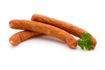 Stack of smoked sausages isolated on a white background.