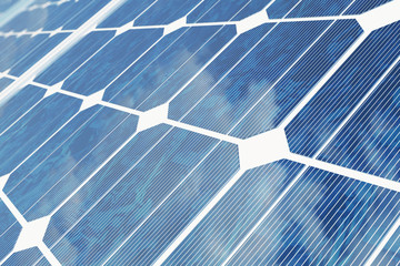 3D illustration solar panels with reflection the sunny sky. Background of photovoltaic modules for renewable energy.