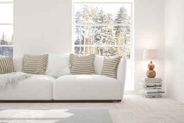 White room with sofa and winter landscape in window. Scandinavian interior design. 3D illustration