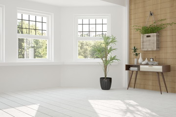 White empty room with green landscape in window. Scandinavian interior design. 3D illustration