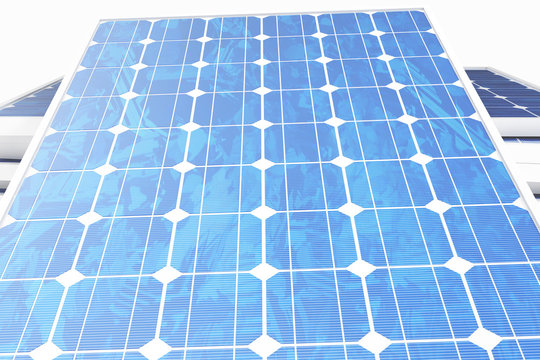 3D illustration solar power generation technology. Blue solar panels. Concept alternative electricity source. Eco energy, clean Energy isolated on white background.