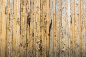 The texture of the wall made of wooden boards arranged vertically, the surface of the wood is poorly worked, many wood fibers and chips