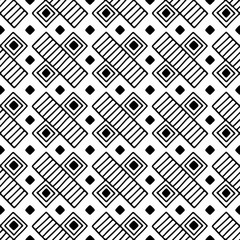 Seamless vector pattern. Black and white geometrical background with hand drawn decorative tribal elements. Print with ethnic, folk, traditional motifs. Graphic vector illustration.