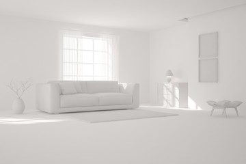 White room with sofa. Scandinavian interior design. 3D illustration