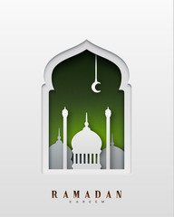 Ramadan Kareem beautiful design of paper art and craft style. Greeting card. Vector illustration.