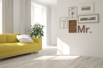 White modern room with sofa. Scandinavian interior design. 3D illustration