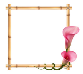 Нежные цветы, розовая калла, квадратная рамка из бамбука. Символ чарующей красоты.