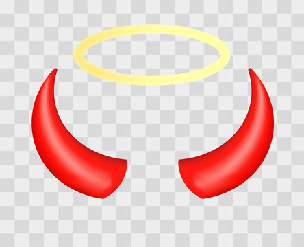 Red devil horns and angel halo isolated on transparent checkered background. Vector illustration