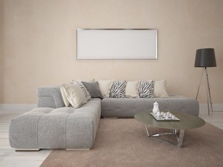 Mock up a stylish living room with a gray sofa on a beige background.
