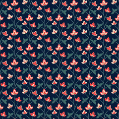 Floral seamless pattern, Jacobean style flowers. Colorful herbal background. Vector illustration. Jacobean floral, herbal collection, red flowers. Dark blue summer night background.