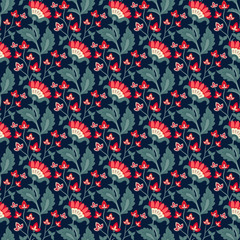 Floral seamless pattern, Jacobean style flowers. Colorful herbal background. Vector illustration. Jacobean floral, herbal collection, red flowers. Dark blue summer night background.
