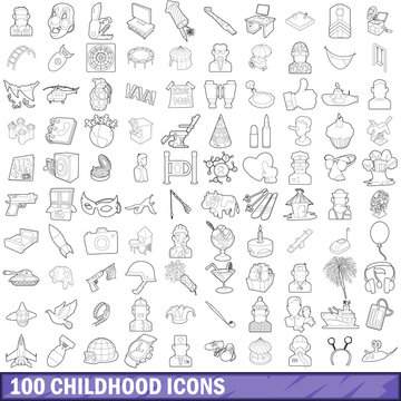 100 childhood icons set, outline style