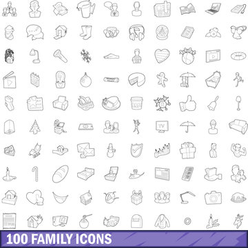 100 family icons set, outline style