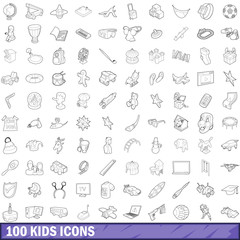 100 kids icons set, outline style