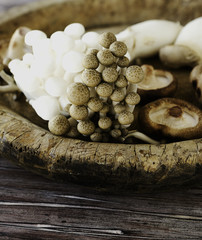 white and brown Chinese mushrooms on a wooden background, selective focus