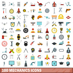 100 mechanics icons set, flat style