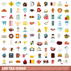 100 tea icons set, flat style