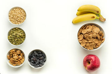 Healthy food. Multi grain flakes, nuts and fruits for breakfast.