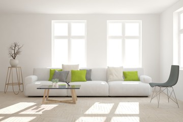 White modern room with sofa. Scandinavian interior design. 3D illustration