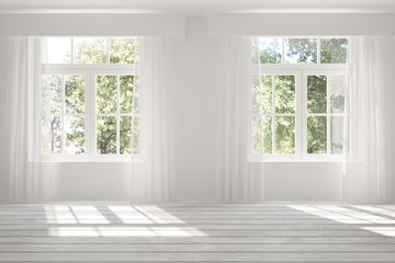 White empty room with green landscape in window. Scandinavian interior design. 3D illustration