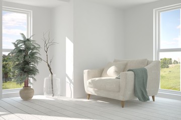 White room with armchair and green landscape in window. Scandinavian interior design. 3D illustration