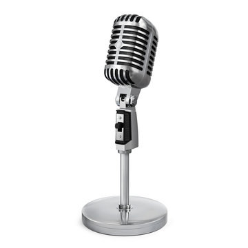 Vintage classic silver microphone with tabletop stand.Realistic 3D rendering.Isolated on white background.Half side view.