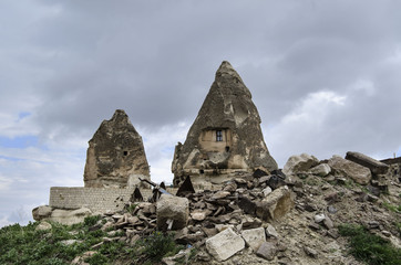 View of the hotel in a cave in Goreme in Cappadocia