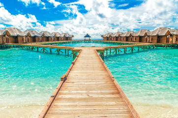 Wooden houses, bungalows in the Maldive Islands