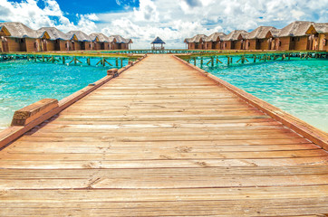 Wooden houses, bungalows in the Maldive Islands