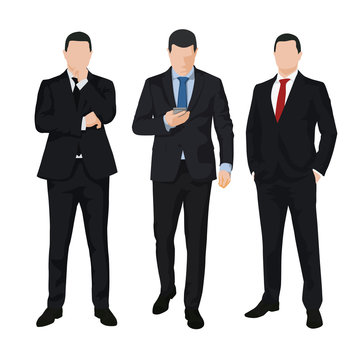 Group of three business men, isolated vector illustrations. Set of people in dark suits
