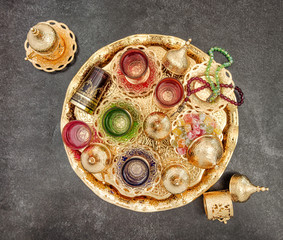 Golden tea table decoration Arabic traditional dishes