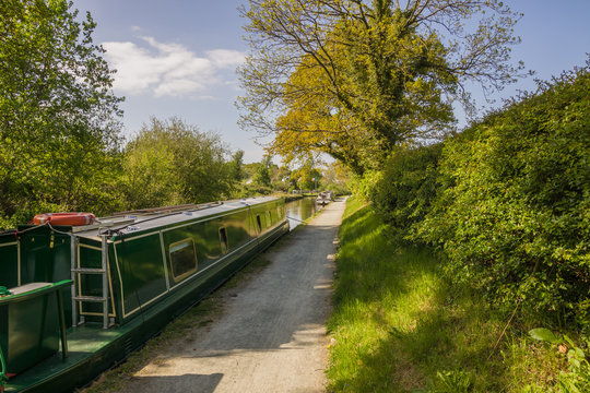 A narrowboat moored up on a Summer evening on the Llangollen canal in Wales