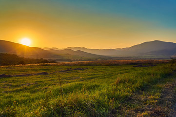 Beautiful sunset in the mountains, north-western Bulgaria, near the Busintsi village and Tran city