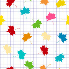 Autumn maple leaves, seamless pattern. Back to school, hello autumn background on checkered paper